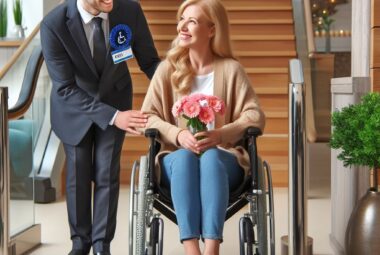 Woman in wheelchair being greeted by hotel staff member