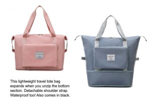 A lightweight, waterproof travel tote bag with exterior pocket, detachable strap and expandable section