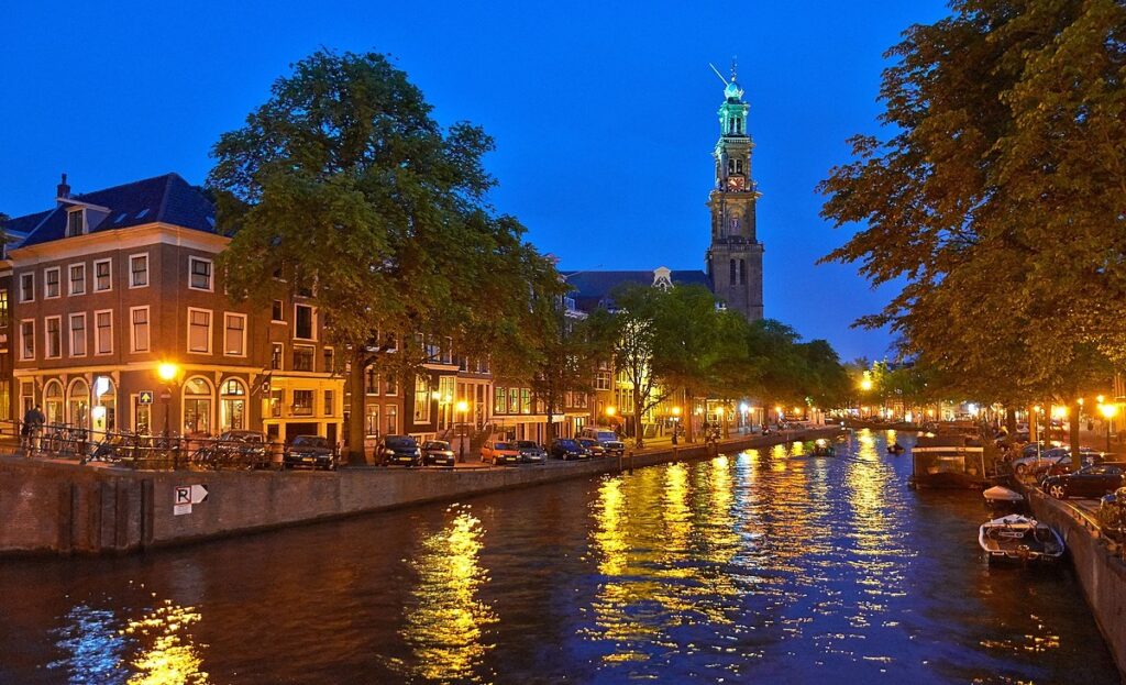 View of Amersterdam at Night with pretty watery reflections