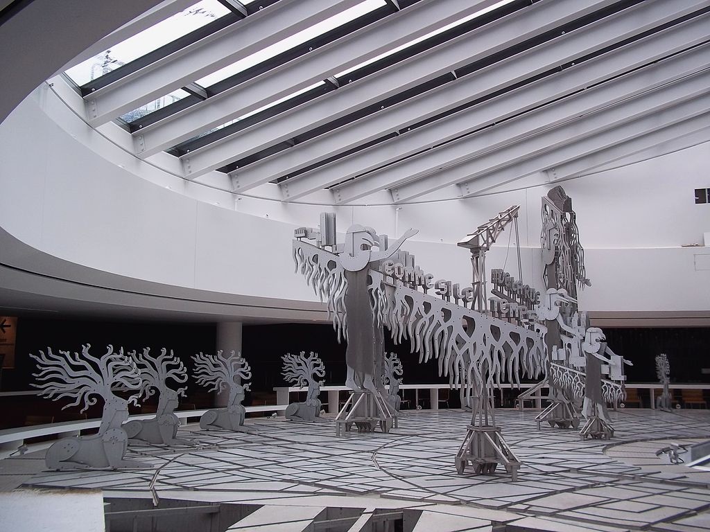 Montreal Museum of Contemporary Art - exhibit room showing what looks like an ultra modern skeleton of a dinosaur