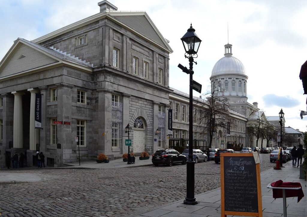 Bonsecours Market in Old Montreal with cobblestone street