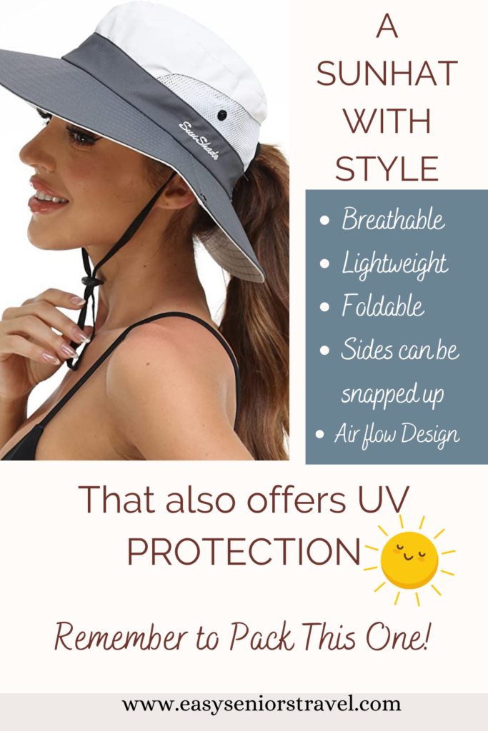 A stylish sunhat that not only protects you from the sun, but is made from breathable mesh designed for air flow, has a chin strap and adjustable pony tail hole, is lightweight, and is foldable for packing!