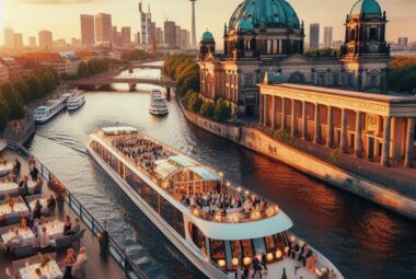 Dinner cruise in Berlin at twilight showing glowing city