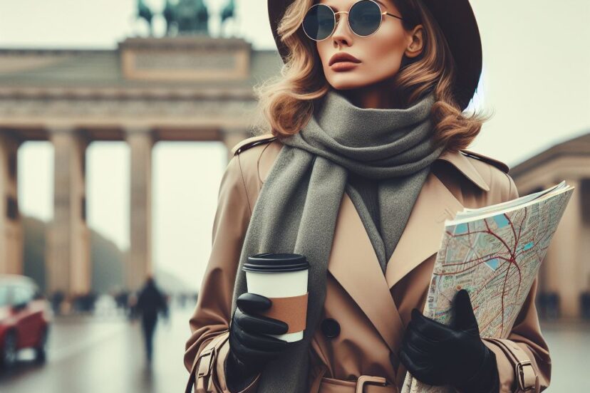 Sophisticated female tourist in Berlin wearing hat, sunglasses, scarf and coat, carrying map and coffee cup