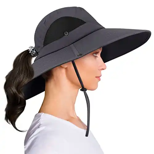 Large Brim Ponytail Sun Hat With Breathable Mesh Insert